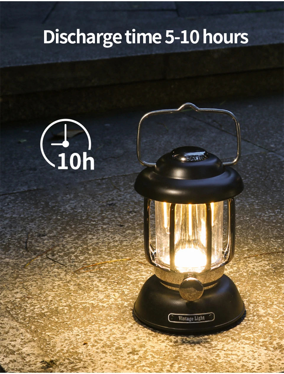 Black lantern glowing on a table, 5 to 10 hour runtime