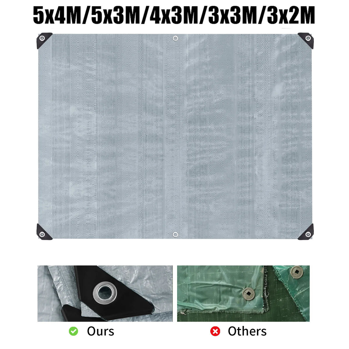 Silver tarp with corner grommets, listing the available sizes