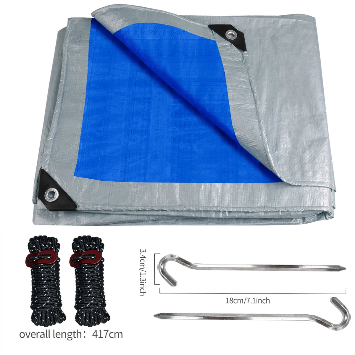 Blue and silver tarp with ropes and stakes