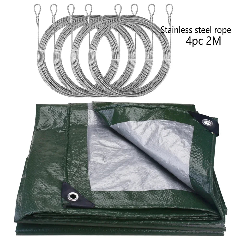 Green and silver tarp with four 2 m steel wire ropes