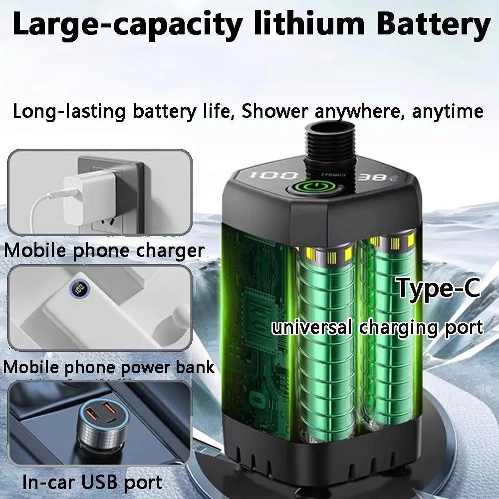 Shower pump battery charged over USB-C from a phone charger, power bank or car port