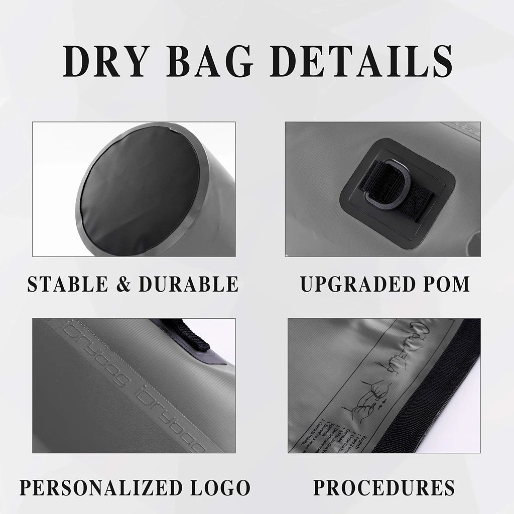 Close-up details of the dry bag's roll-top opening, valve, logo area and seams