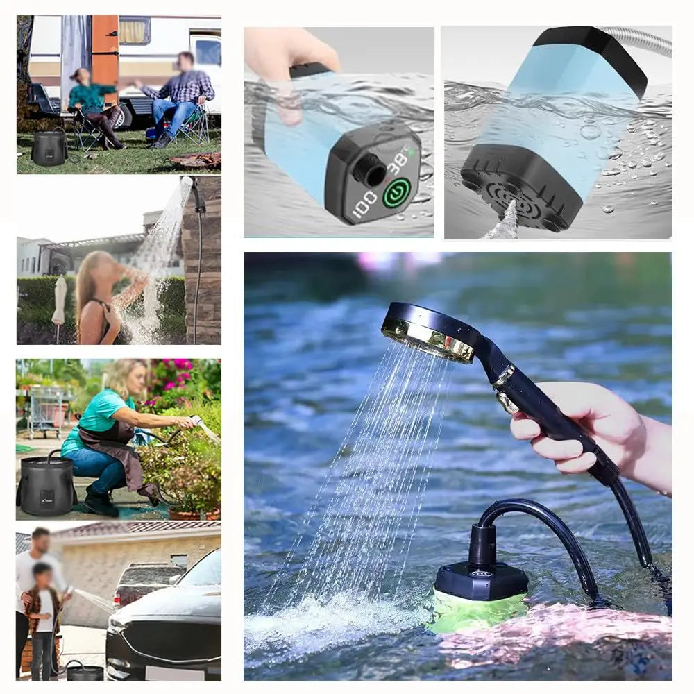 Portable shower used outdoors, with close-ups of the pump