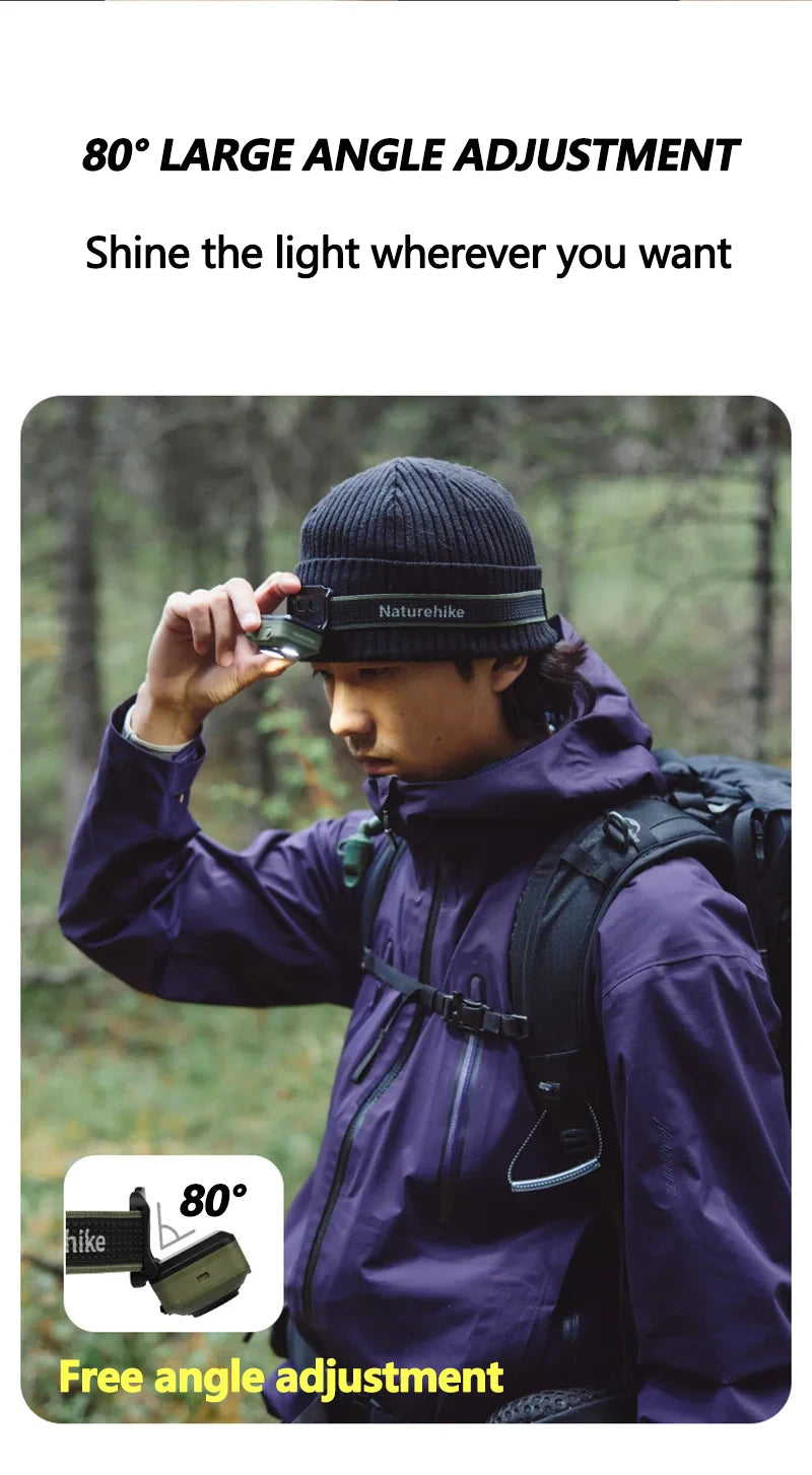 Hiker tilting the headlamp to adjust the beam angle