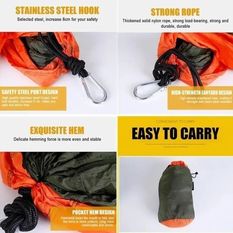 Hammock details: steel carabiner, rope, hem and storage bag
