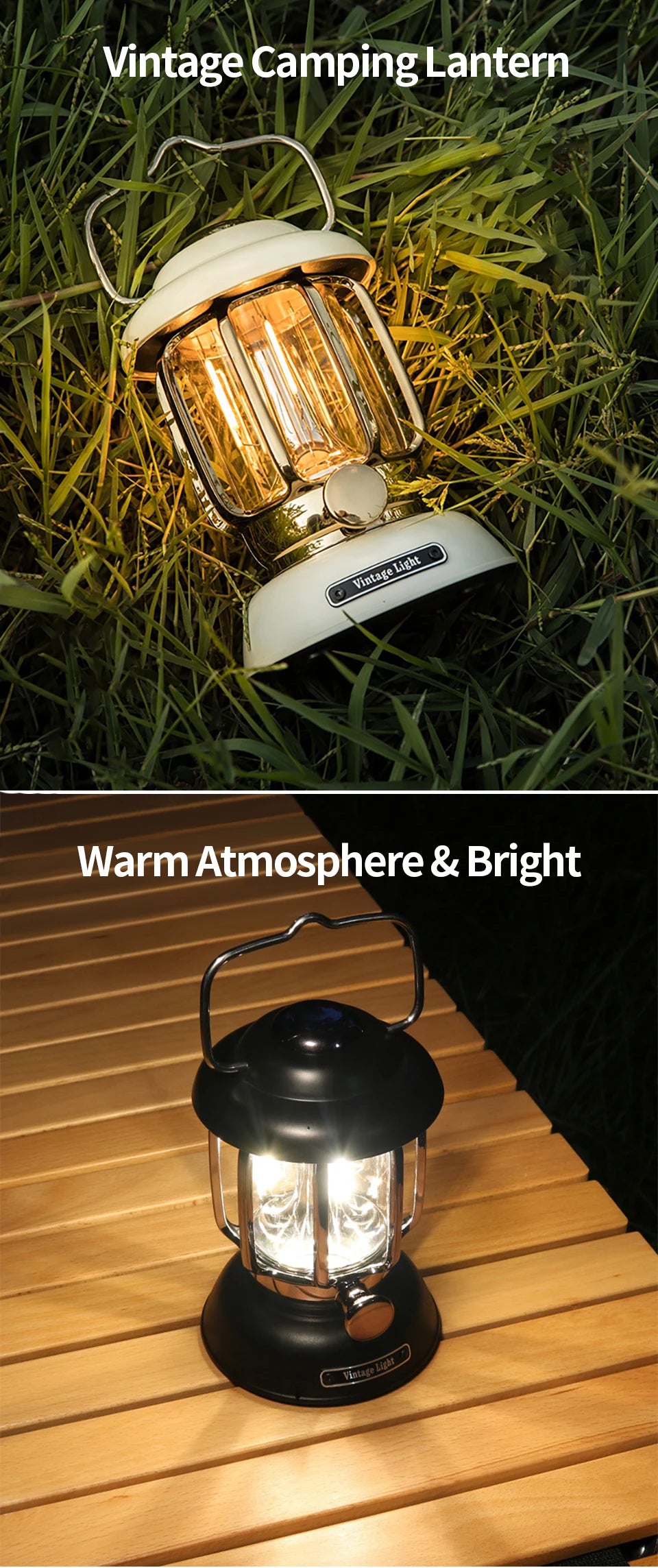 White and black lanterns glowing outdoors in two scenes