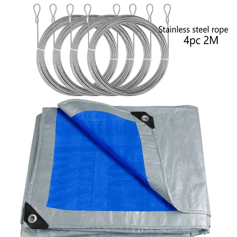 Blue and silver tarp with four 2 m steel wire ropes