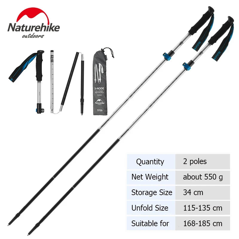 Pair of silver folding trekking poles with storage bag and size chart