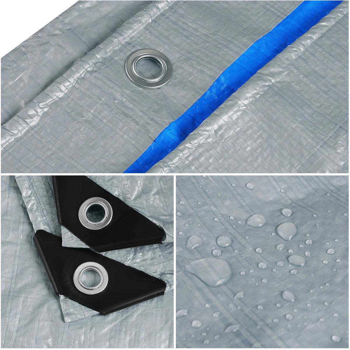 Close-ups of tarp grommets, reinforced corners and water beading on the surface