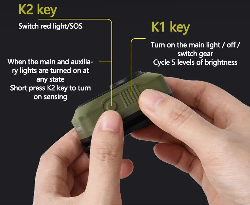 Hand pressing the headlamp's control buttons