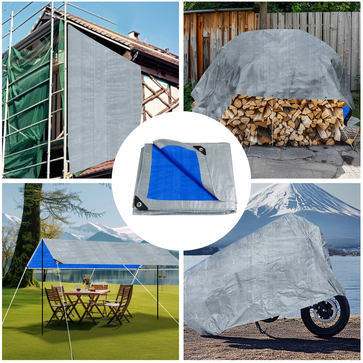 Tarp used on scaffolding, over firewood, as a sun shade and as a motorcycle cover