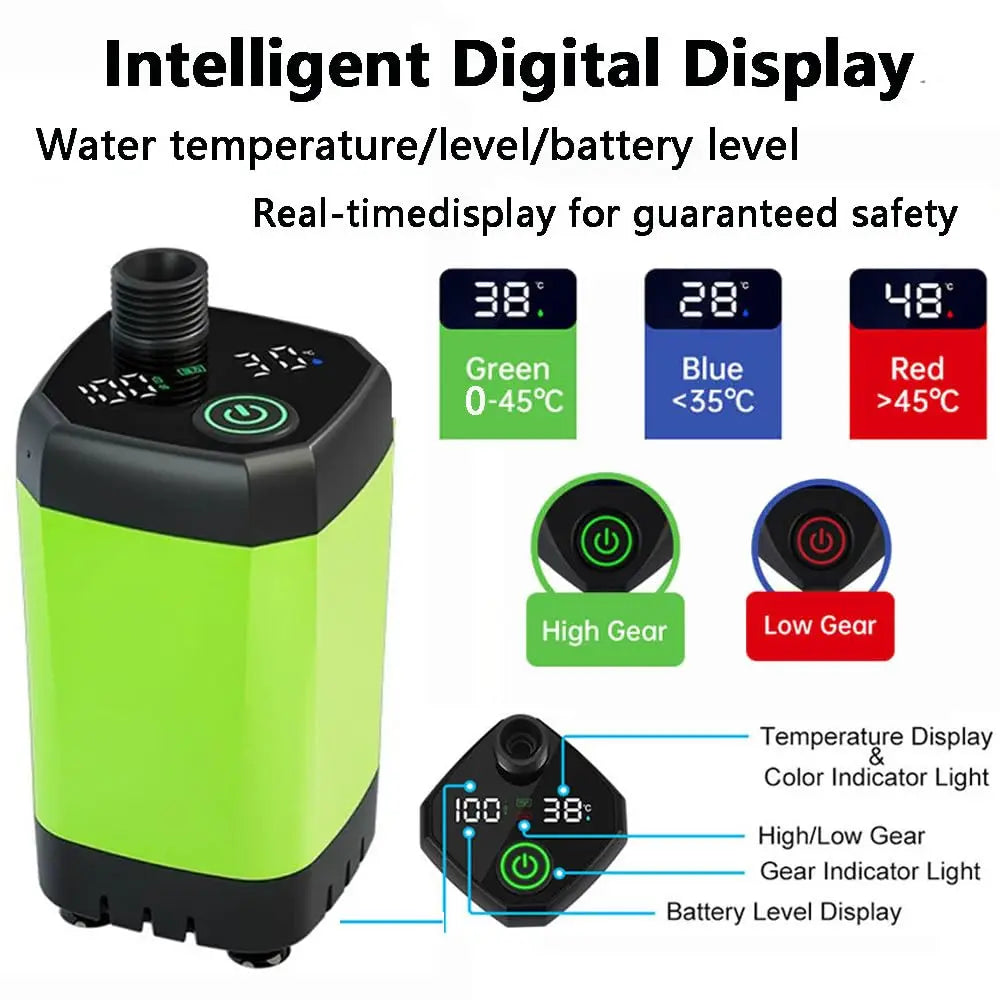 Shower pump digital display showing water temperature, battery level and pump setting