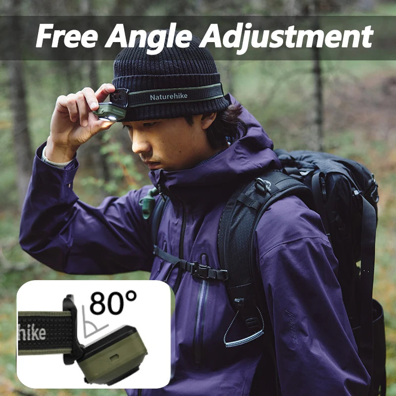 Hiker adjusting the headlamp tilt, up to 80 degrees