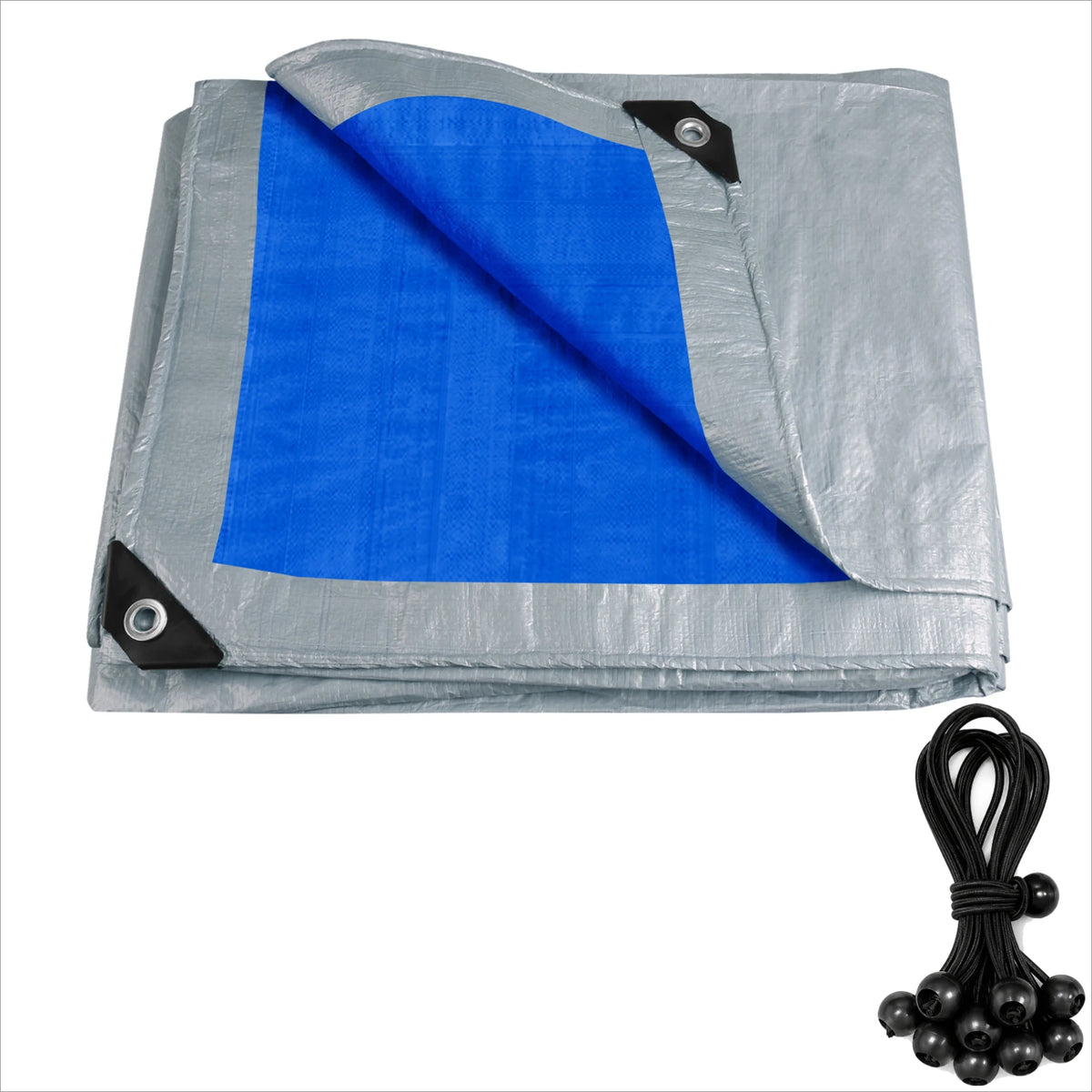 Folded blue and silver tarp with elastic ball cords