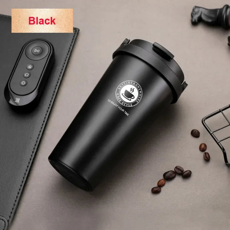 Black insulated stainless steel travel mug with lid