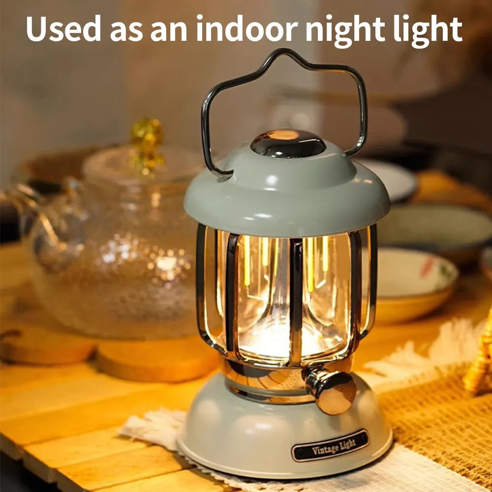 White LED lantern glowing on a dining table indoors