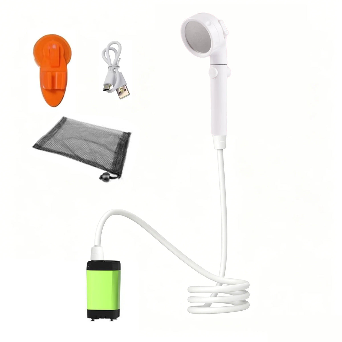 Green portable shower pump with white hose, shower head, holder, cable and mesh bag