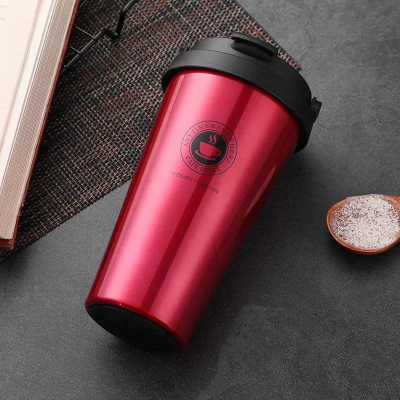 Red insulated stainless steel travel mug with lid