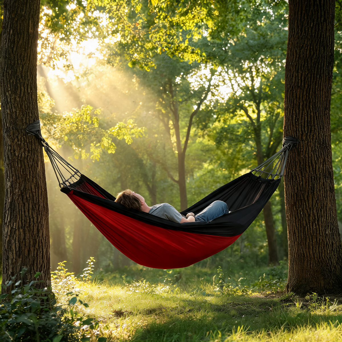 Person resting in a red and black camping hammock between trees in a sunlit forest