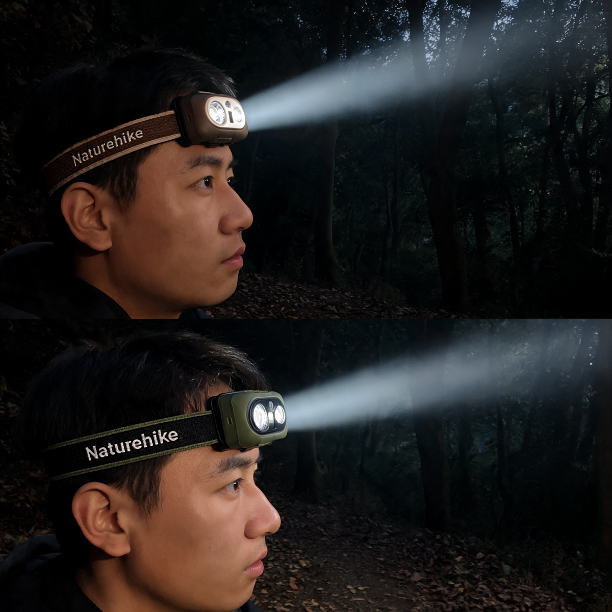 Man wearing brown and green LED headlamps with the beams on at night