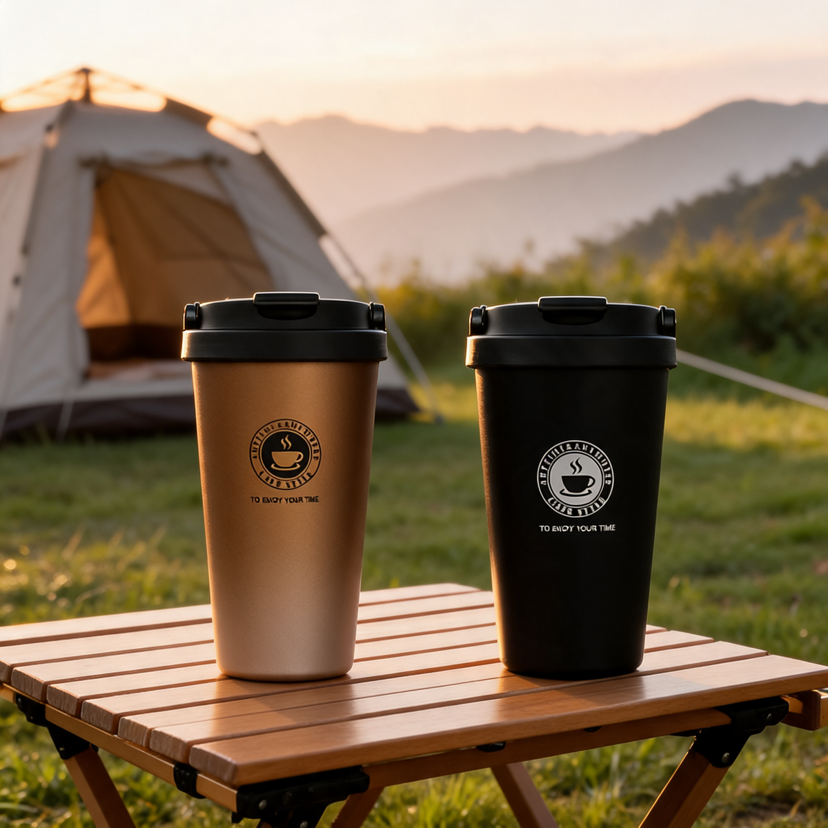 Gold and black insulated travel mugs on a camp table in front of a tent