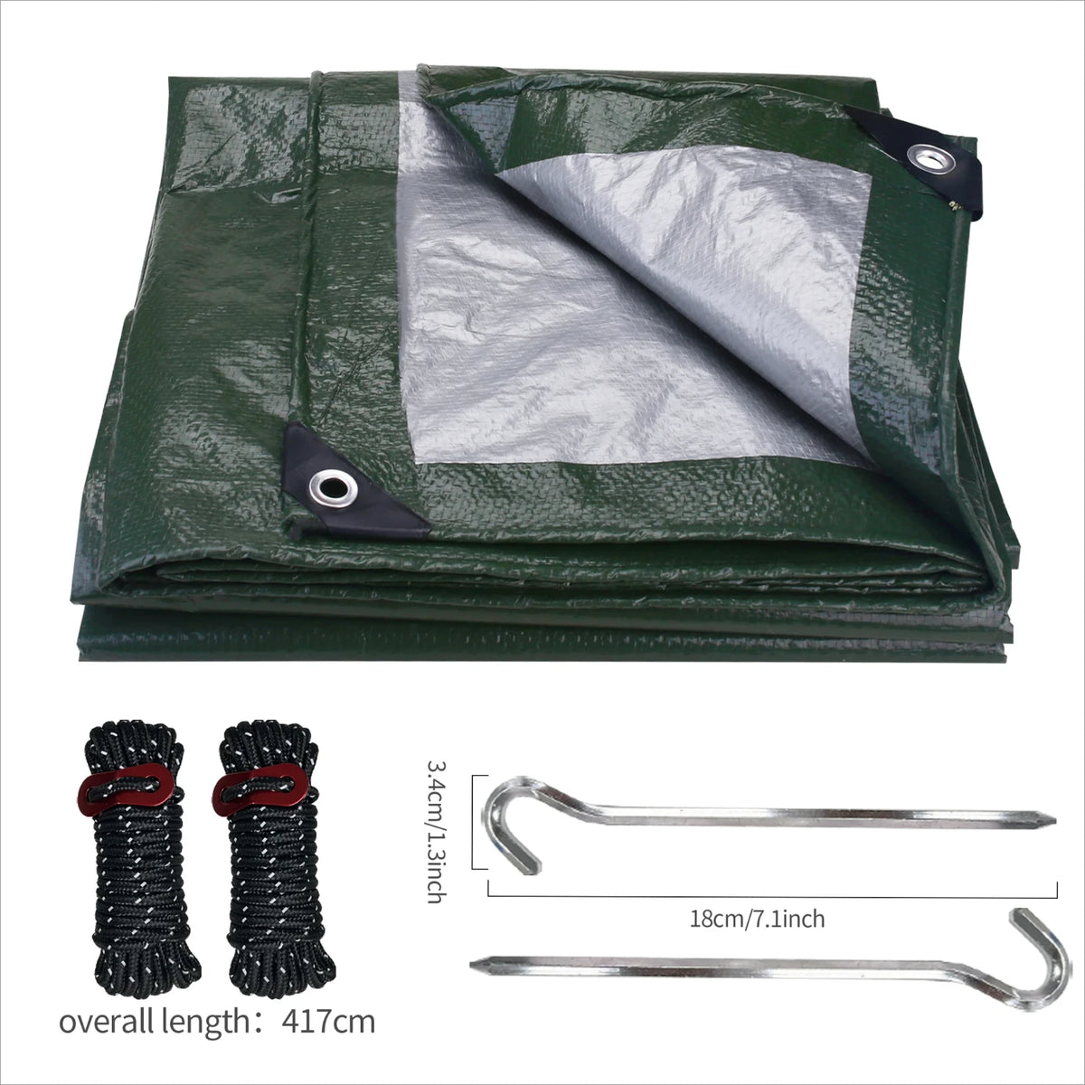 Green and silver tarp with ropes and stakes
