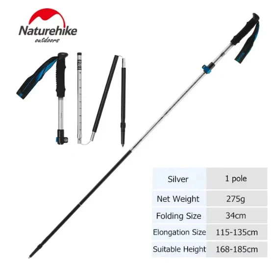 Single silver folding trekking pole with storage bag and size chart