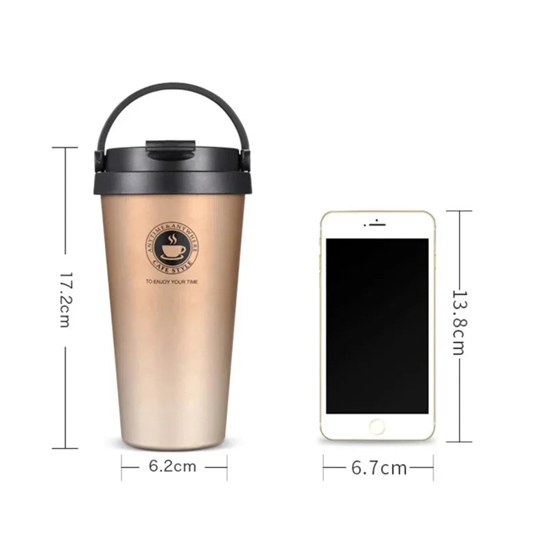 Travel mug dimensions, 17.2 cm tall, next to a phone for scale