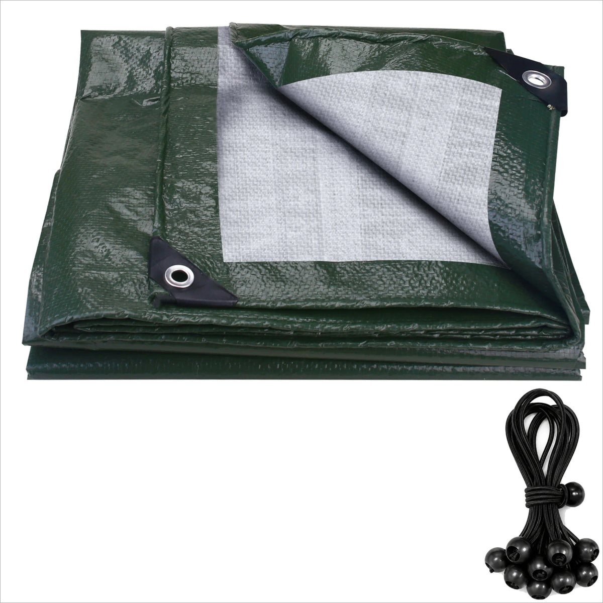 Folded green and silver tarp with elastic ball cords