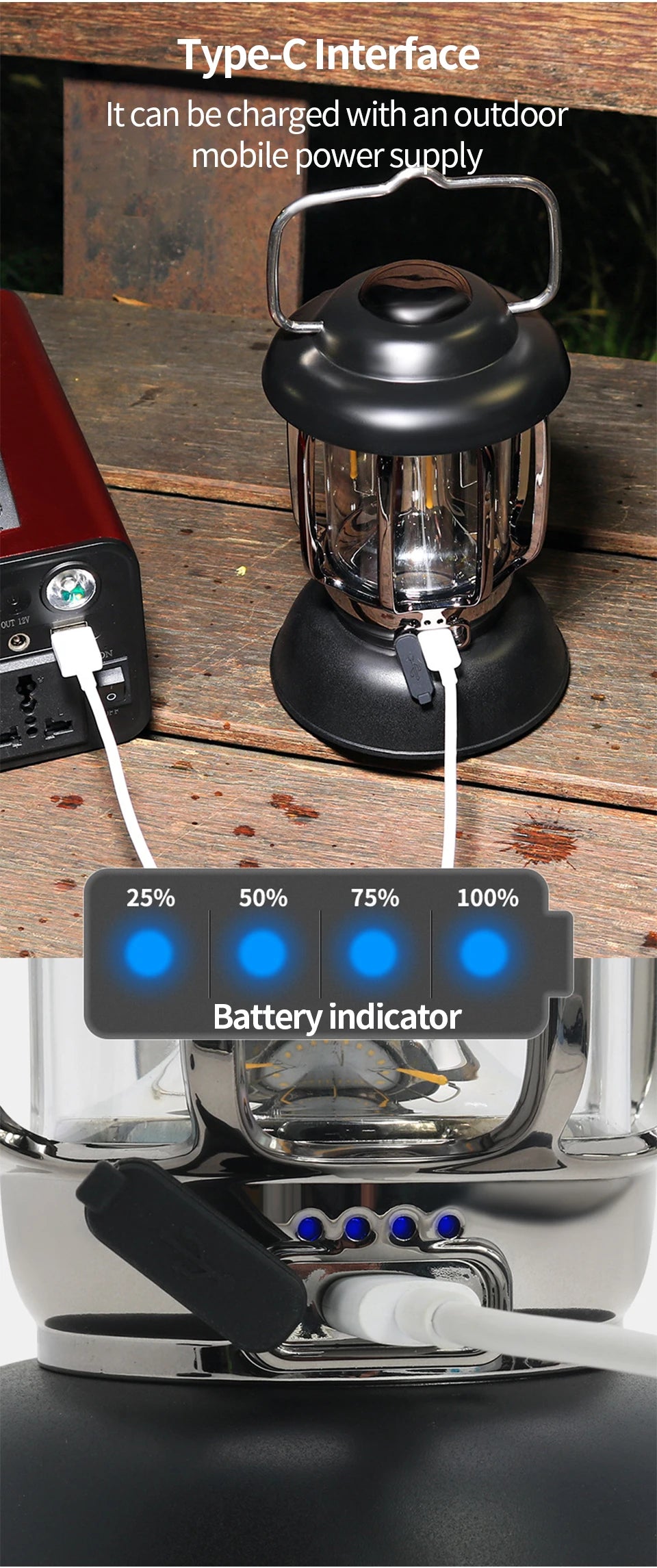 Lantern USB-C port and four-step battery indicator