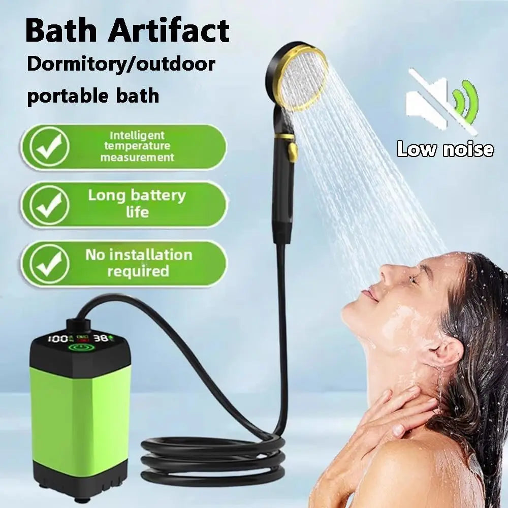 Woman using the portable shower with the pump in a bucket