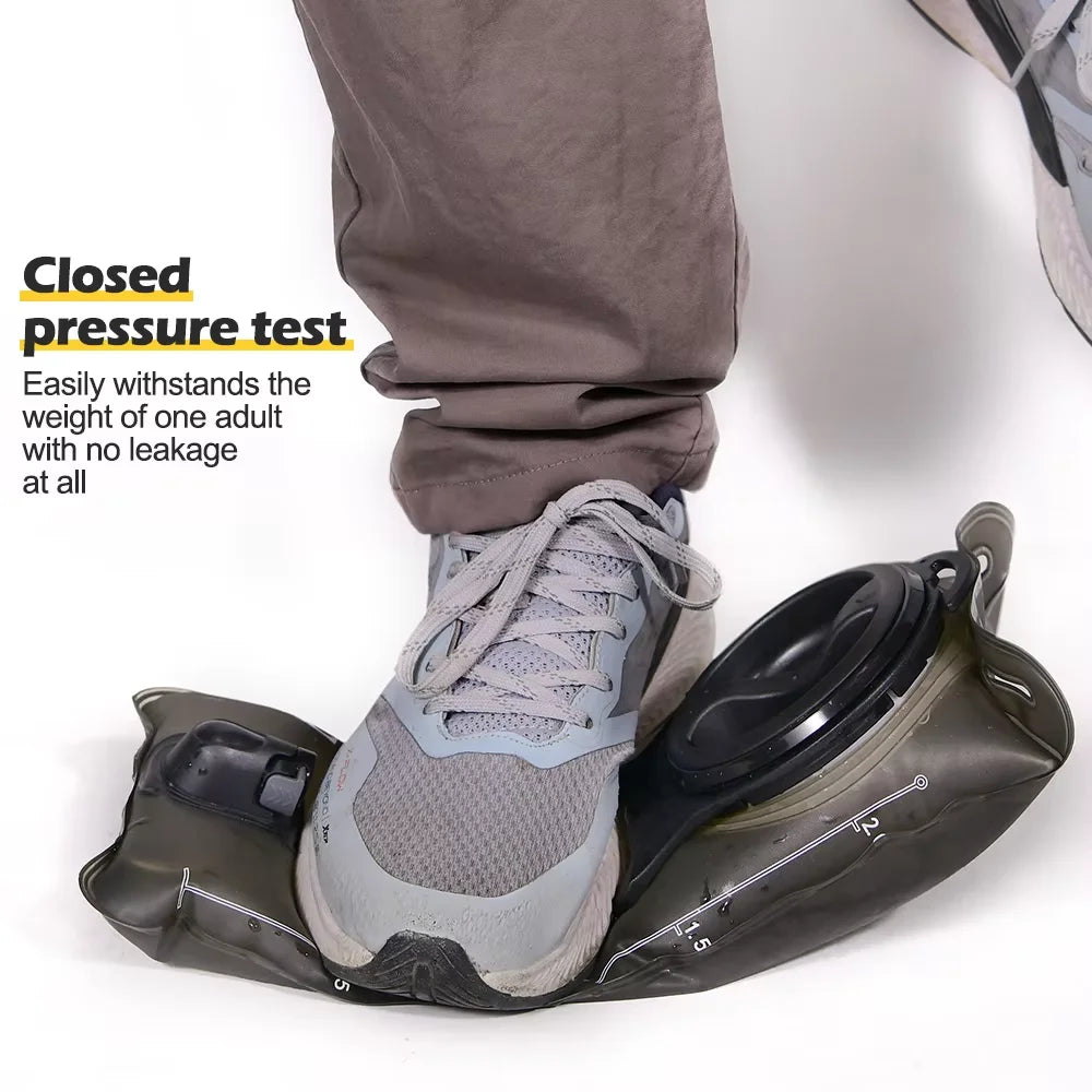 Foot pressing on a filled hydration bladder in a pressure test