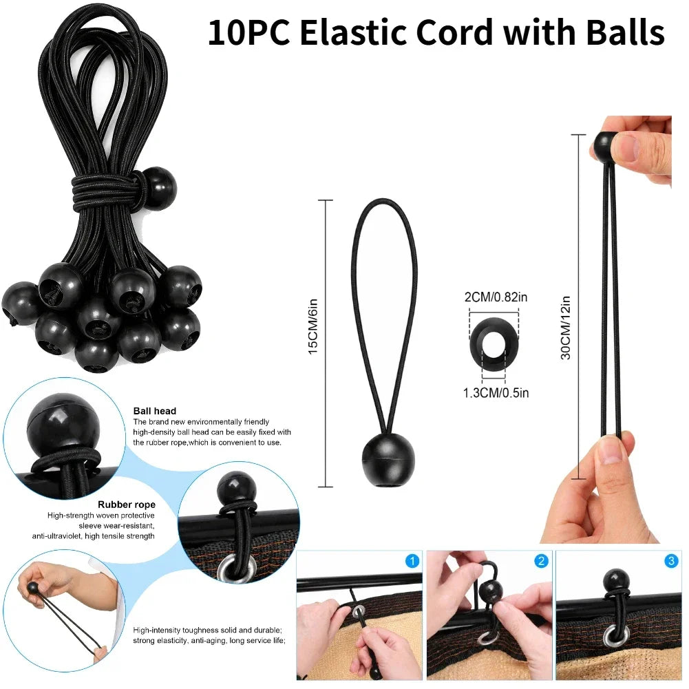 Ten elastic ball cords for tying down the tarp
