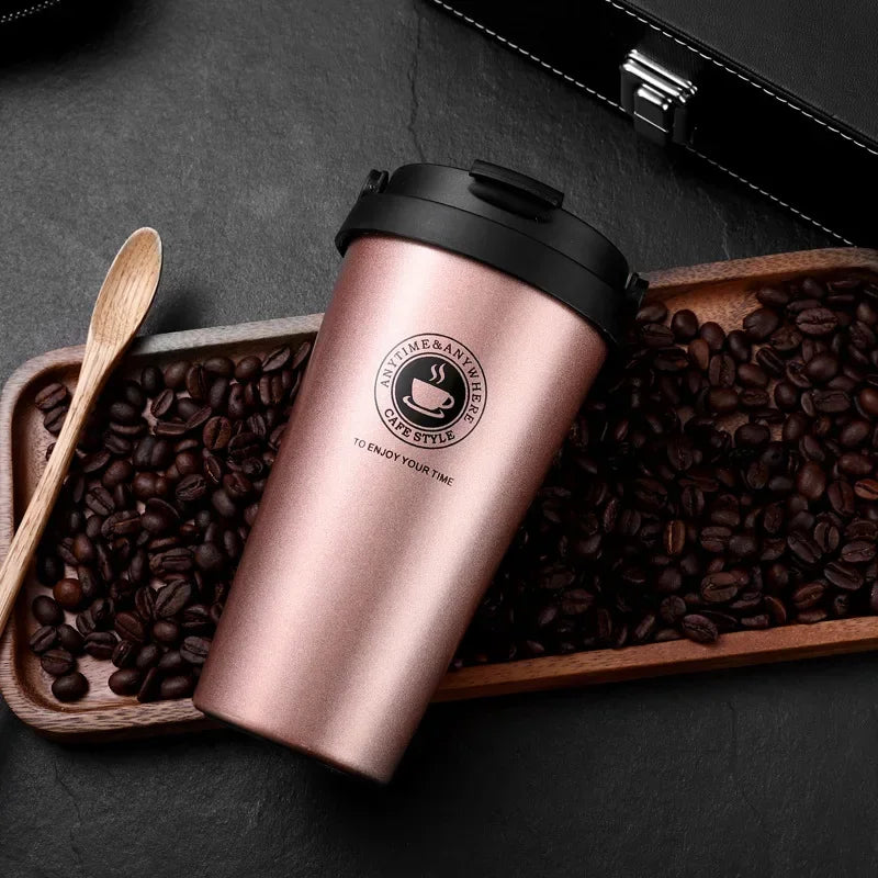 Rose gold insulated stainless steel travel mug with lid