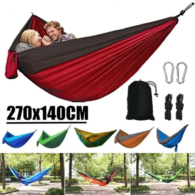Hammock measuring 270 x 140 cm with carabiners, ropes, storage bag and color options