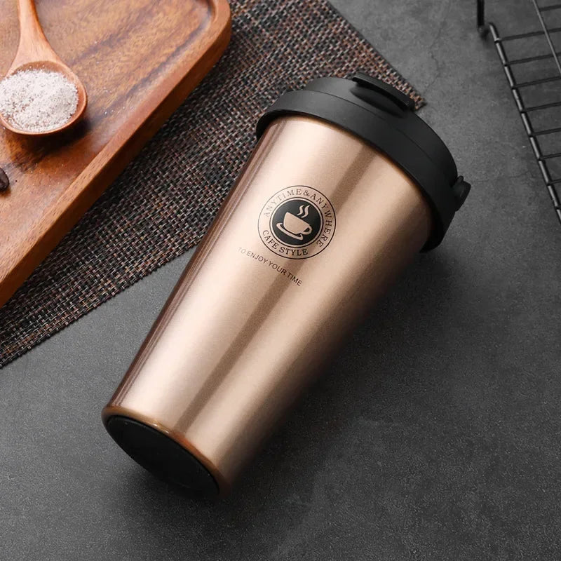 Gold insulated stainless steel travel mug with lid