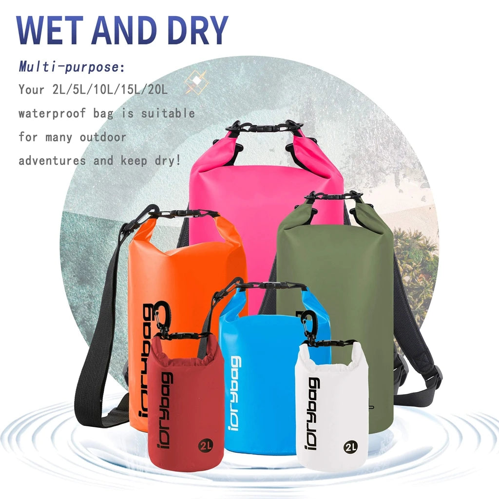 Roll-top dry bags in several colors and sizes from 2L to 20L
