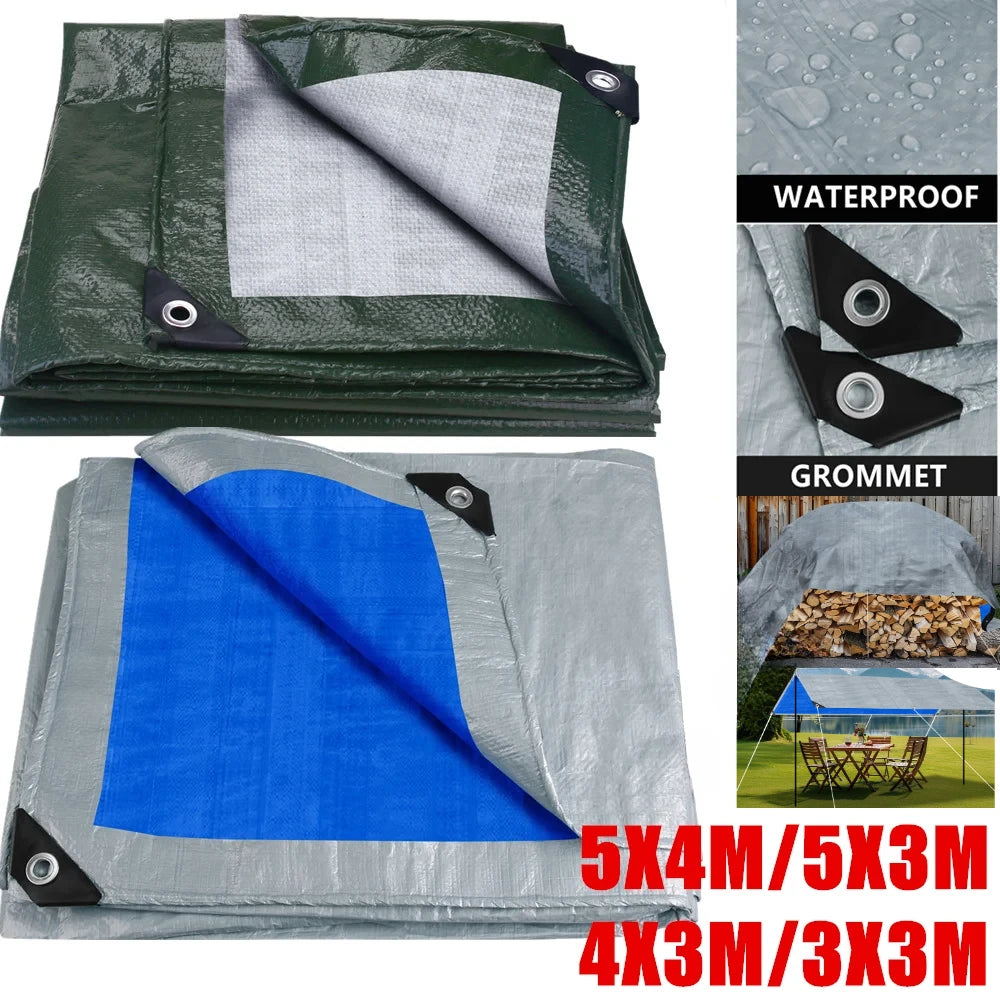 Folded green and blue tarps with close-ups of the waterproof surface and grommets