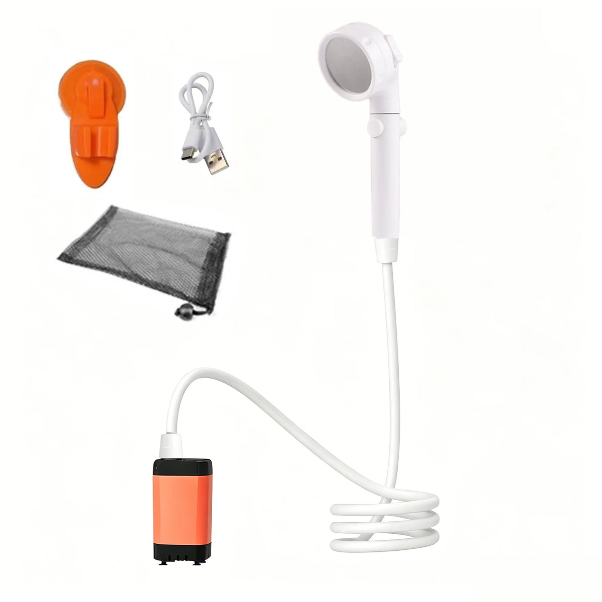 Orange portable shower pump with white hose, shower head, holder, cable and mesh bag