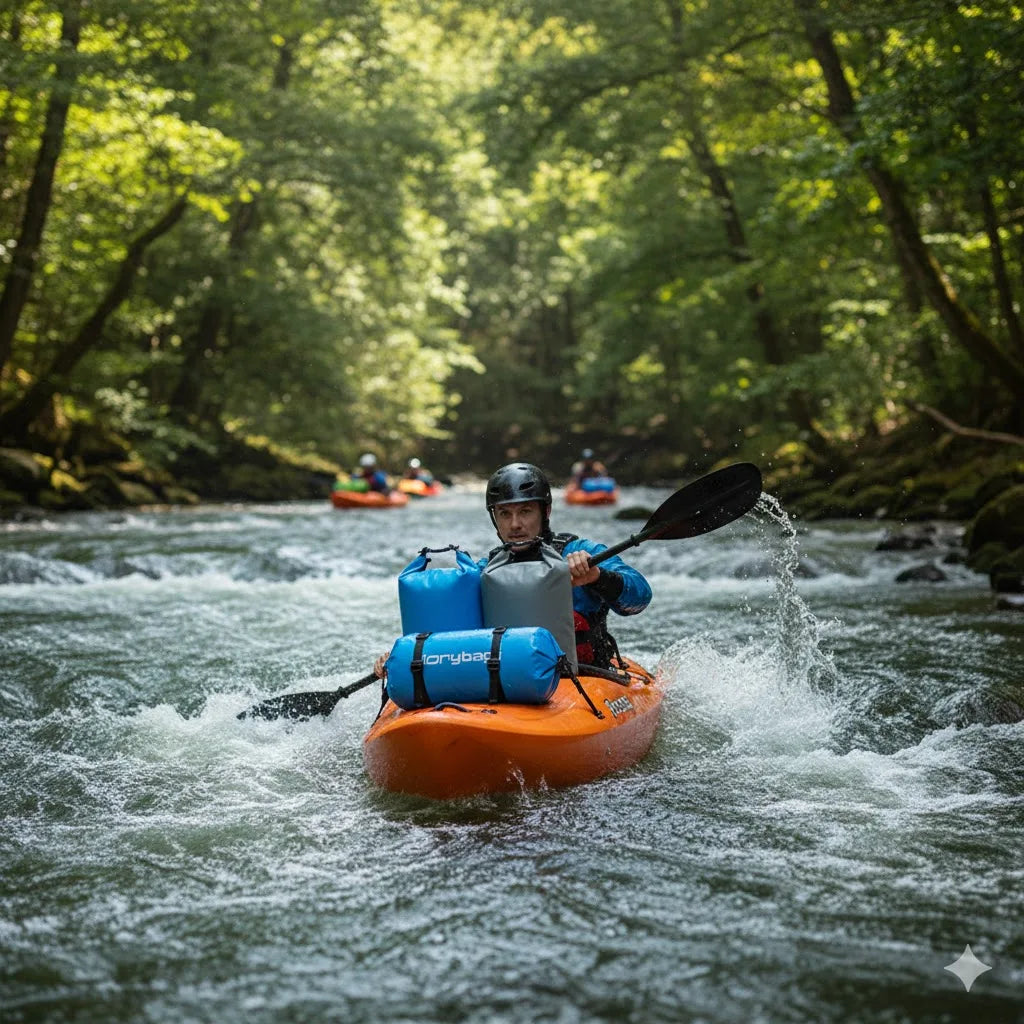 Kayaker paddling a river with a blue dry bag strapped to the kayak