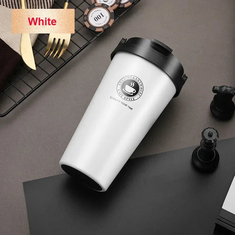 White insulated stainless steel travel mug with lid