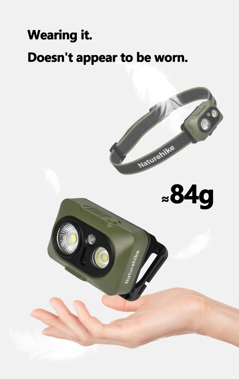Lightweight headlamp above an open hand, about 84 g