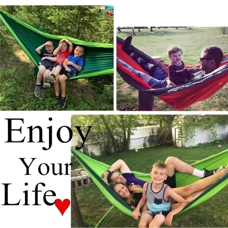 Collage of families relaxing in hammocks in a backyard