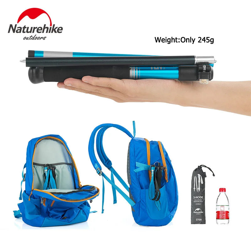 Folded trekking pole resting on a hand, next to a backpack for size