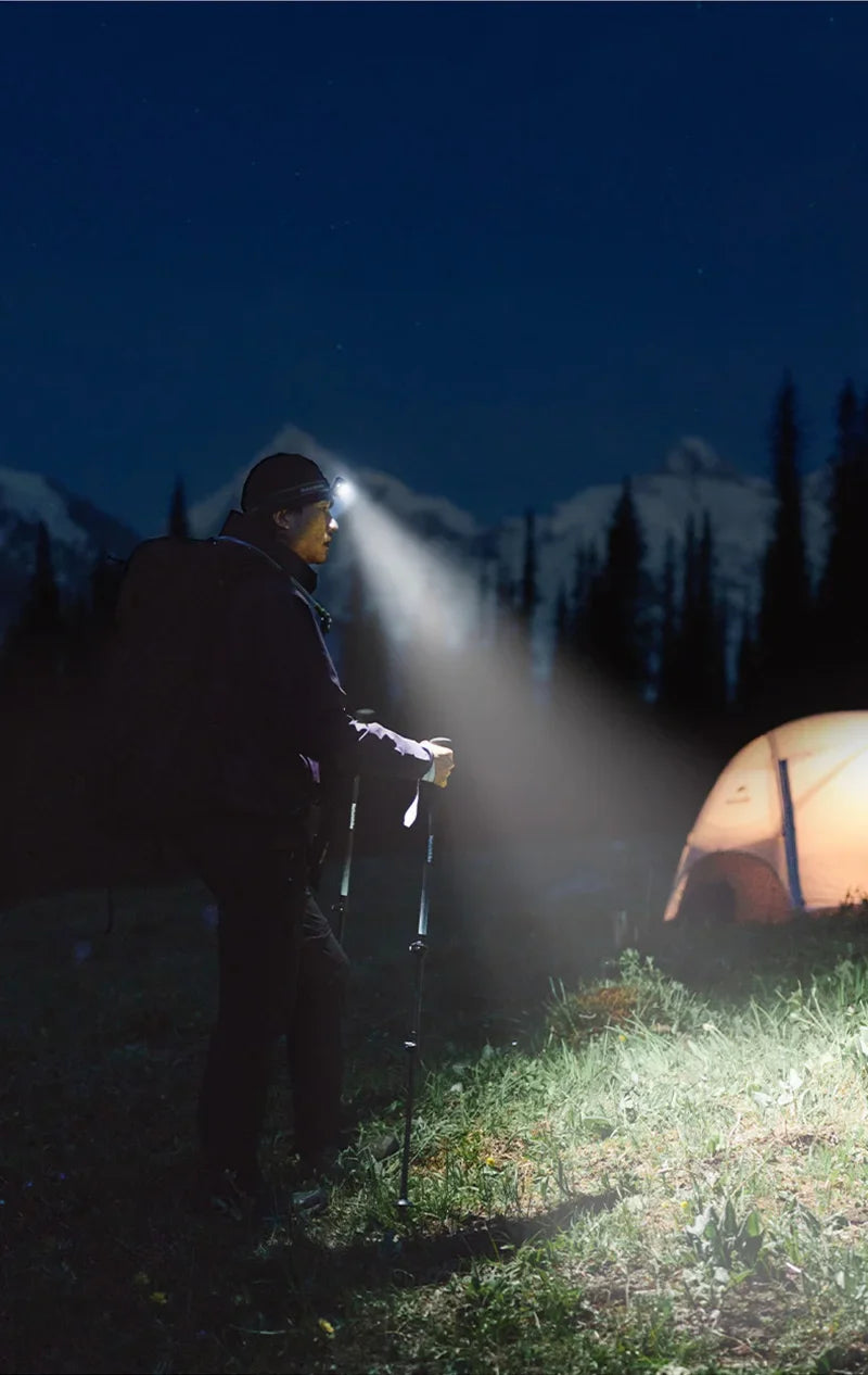 Hiker lighting up a campsite at night with a headlamp