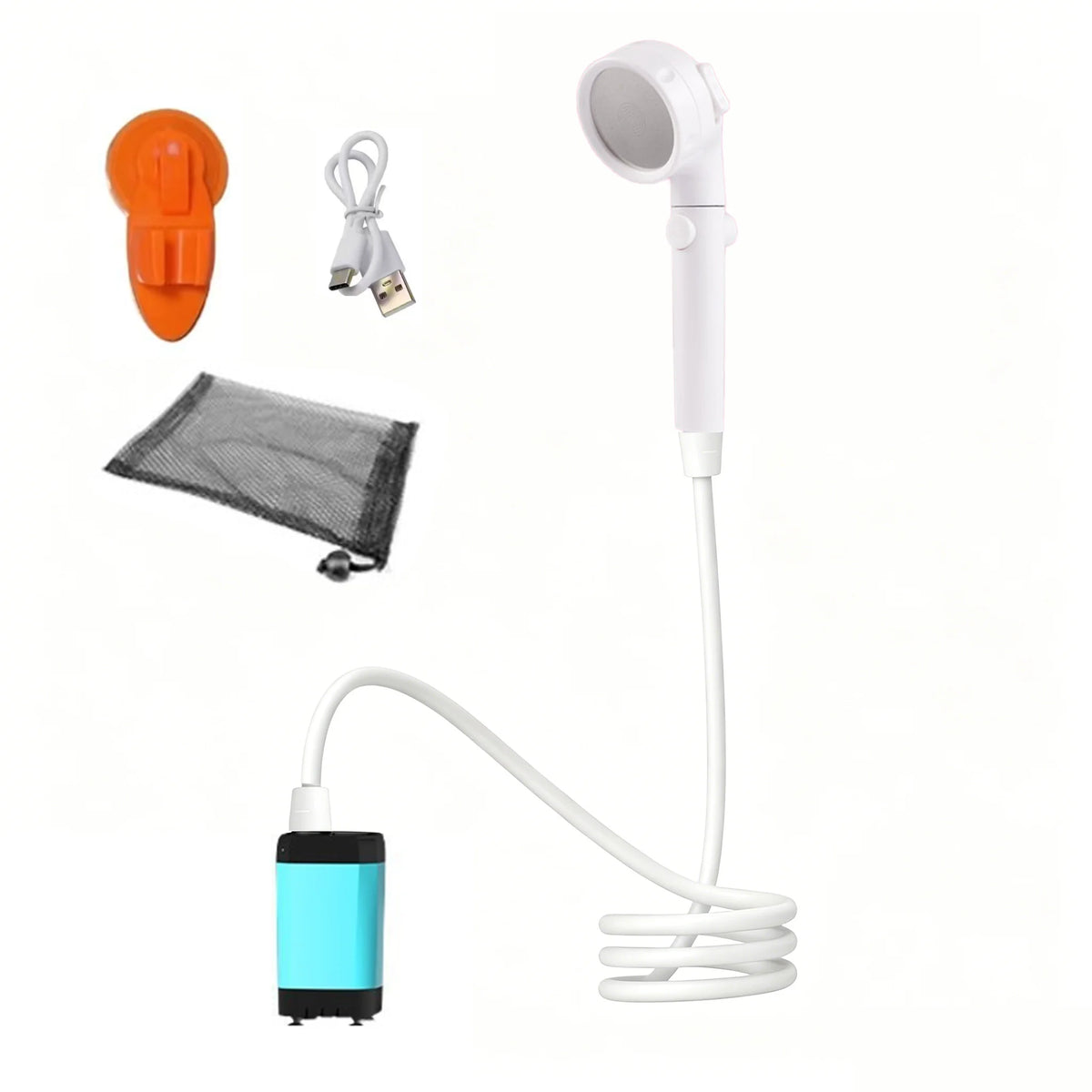 Blue portable shower pump with white hose, shower head, holder, cable and mesh bag