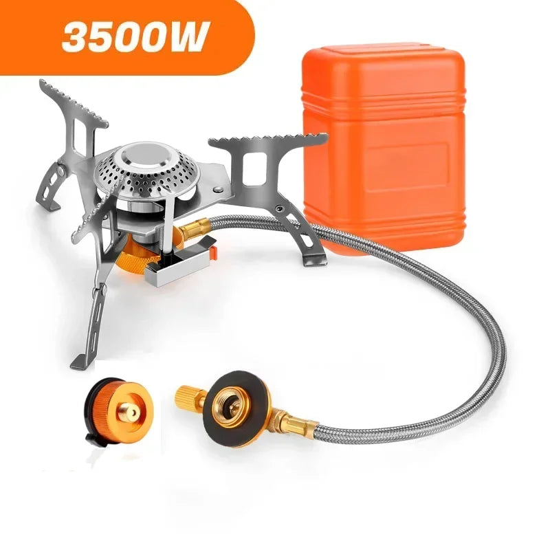 Folding gas stove with hose, canister adapter and orange storage case
