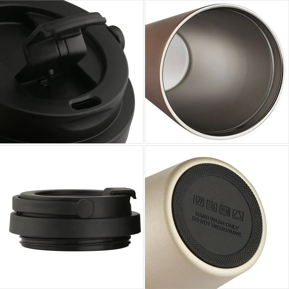 Close-ups of the travel mug's lid, interior and base