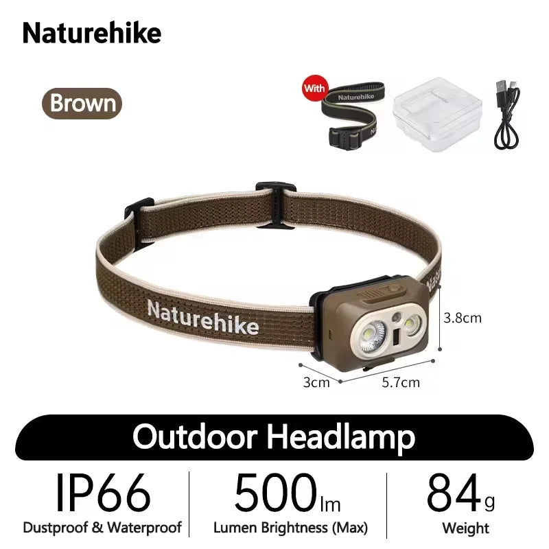 Brown LED headlamp with storage case and charging cable