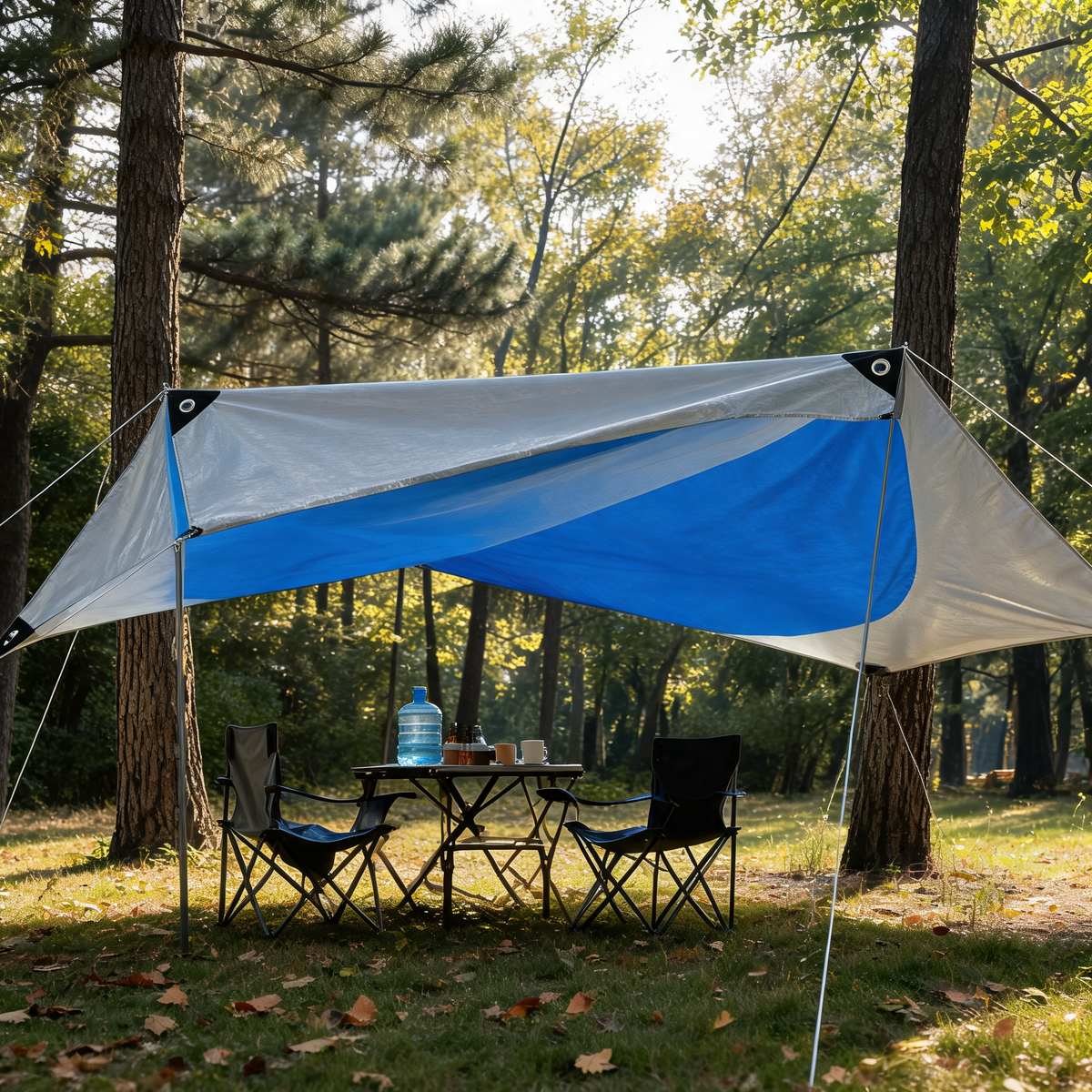 Blue and silver tarp pitched as a sun shelter over camp chairs in a forest